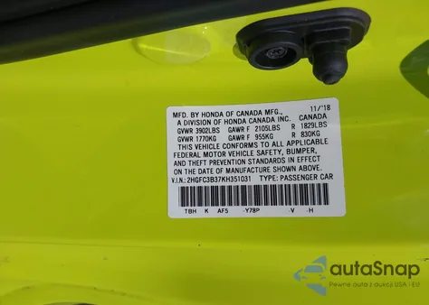 2019 Honda Civic Ex z USA, uszkodzony, nr VIN 2HGFC3B37KH351031